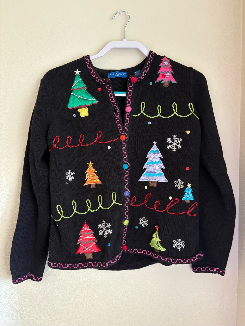 Karen Scott Black Holiday Embroidered Cardigan with Multicolor Trees